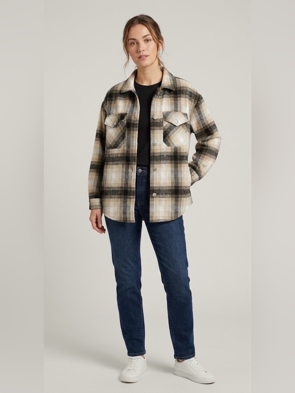 Women's Plaid Flannel Shacket Oversized Neutral Plaid Shirt Jacket Flap pockets